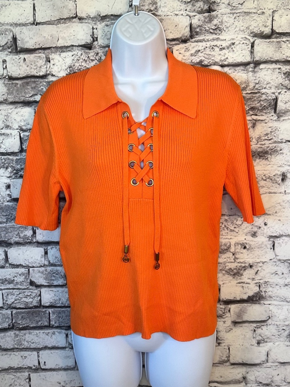 Michael Kors Orange Lace Up Ribbed Shirt Size L